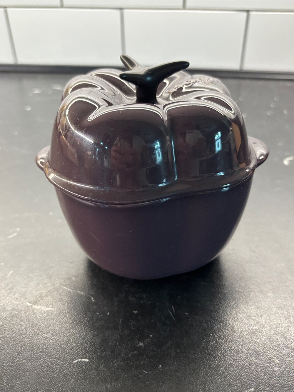 Discontinued Le Creuset Plum Pepper Porcelain Cocotte with Black Stem